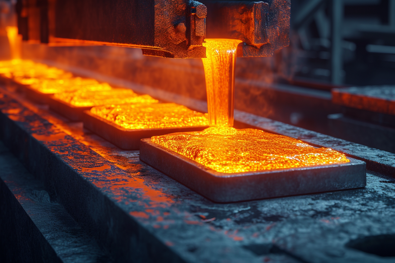 Solar panel manufacturing process. Molten silicon being poured into molds